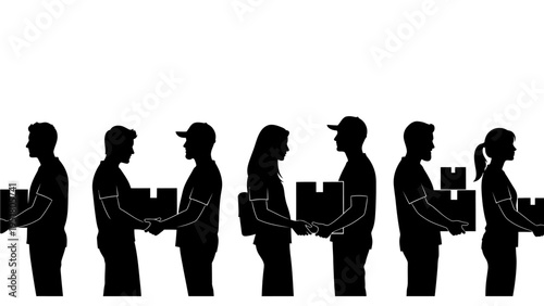 Silhouettes of people carrying boxes, delivery workers, cargo handlers, logistics icons, black vector graphics