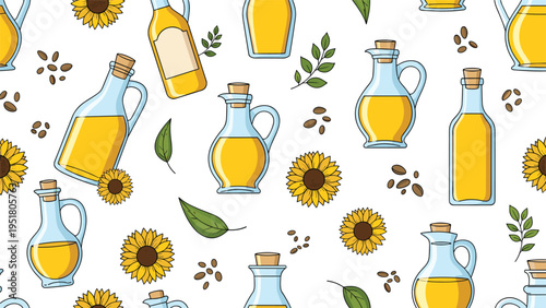 Vibrant seamless pattern showcasing an assortment of sunflower oil bottles, cheerful sunflowers, and scattered sunflower seeds, ideal for natural cooking themes.