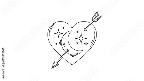 Romantic minimalist line art illustration of a heart pierced by a cupid's arrow, with a crescent moon and twinkling stars, symbolizing celestial love.
