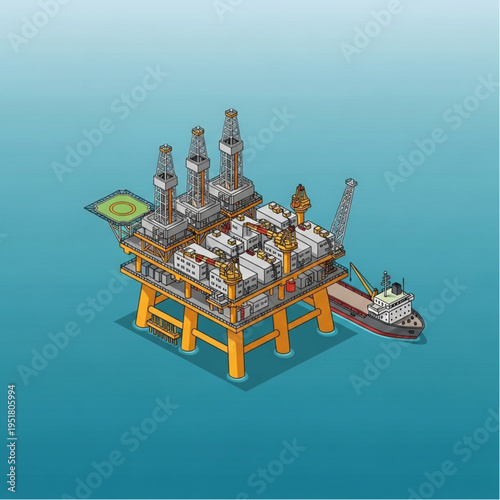 Offshore oil rig platform with supply ship illustration.