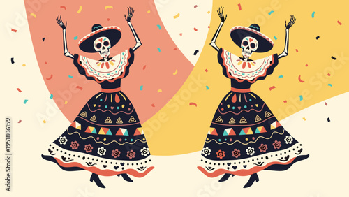 Festive Day of the Dead scene features two female skeletons in traditional Mexican dresses dancing amidst a shower of colorful party confetti.