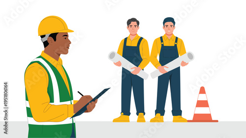 "Construction workers with hard hats, safety vests, clipboard, and blueprints collaborating on site planning, symbolizing teamwork, safety, and inspection"