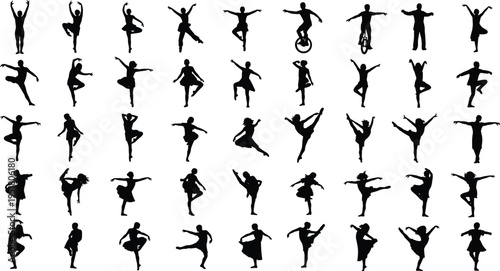 Dance silhouettes bundle, ballet dancer vector set, circus performer icons, gymnast poses collection, contemporary dancing figures, athletic person shapes, artistic movement graphics.