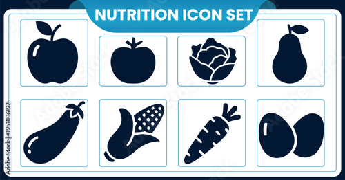 Nutrition icon set featuring fresh fruits and vegetablesNutrition icon set featuring fresh fruits and vegetables