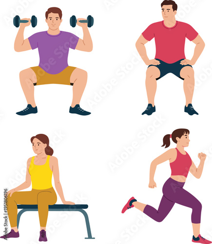 "Illustration of diverse individuals performing fitness activities including squats, running, and resting, symbolizing exercise, strength, cardio, and health"