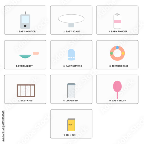 Baby Care Products Set Flat Design Icons Collection. Newborn Essentials Illustration Vector.