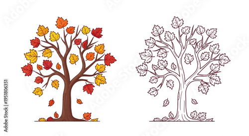 Autumn trees with colorful leaves falling.