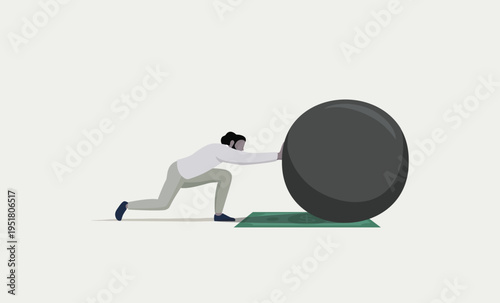 Man pushing a large boulder uphill on a dollar bill, symbolizing financial struggle