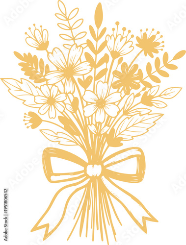 Vibrant golden bouquet of wildflowers with elegant bow