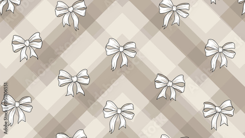 Sophisticated seamless pattern combines white hand-drawn bows with a muted beige and tan chevron background for a classic textile design look.