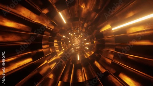 Abstract futuristic tunnel with golden light effects and geometric shapes