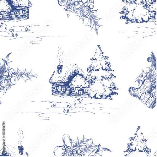 Blue toile de Jouy winter landscape with cottage, trees, engraved Christmas pattern.