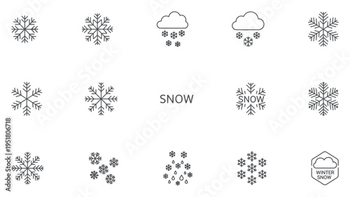 Snowflake icons set with winter weather symbols, snow clouds, and crystal frost patterns in linear style