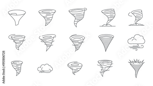 Tornado and wind storm icons set featuring cyclone swirls, funnel clouds, and hurricane weather symbols