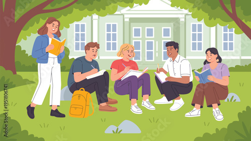 "Group of students studying together outdoors on university campus lawn with books and notebooks, symbolizing teamwork, education, collaboration, and learning"