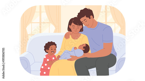 "Happy family sitting together on couch with parents, child, and baby, symbolizing love, care, parenting, bonding, warmth, and emotional connection"