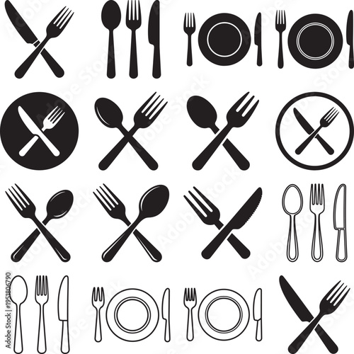 Collection of various cutlery and plate settings in green outline on white