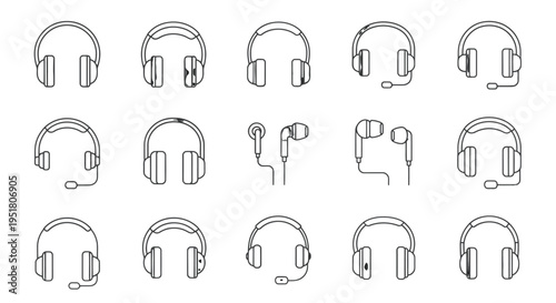 A collection of minimalist line art icons depicting various types of headphones and earphones, including over-ear models with and without microphones, and in-ear earbuds.