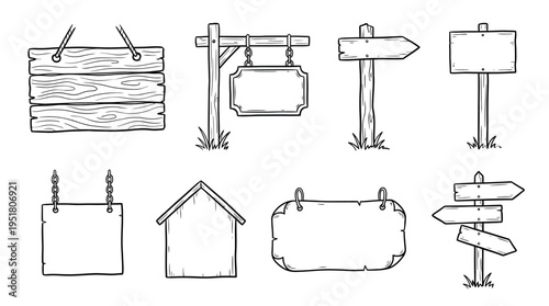 Sketch Style Wooden Signboard Set with Hanging and Arrow Variants for Rustic Branding, Wayfinding, and Vintage Label Design Use