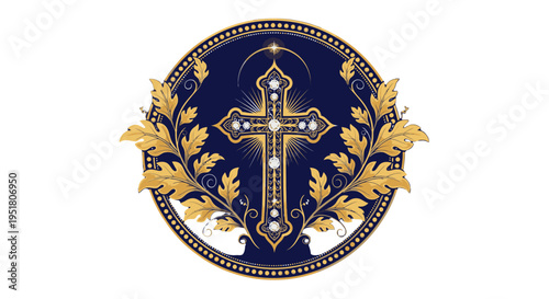 Ornate golden and jeweled Christian cross with intricate patterns and foliage on a dark blue circular background, framed by decorative elements.