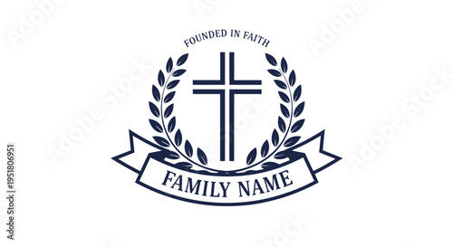 A monochrome crest logo featuring a central Christian cross, encircled by a laurel wreath, with banners displaying 'FOUNDED IN FAITH' and 'FAMILY NAME' text.