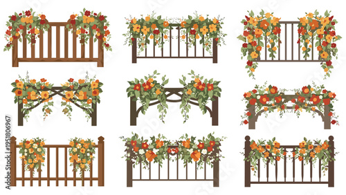 Collection of various garden elements, including decorative wooden fences and arches, beautifully adorned with vibrant flowering plants and foliage.