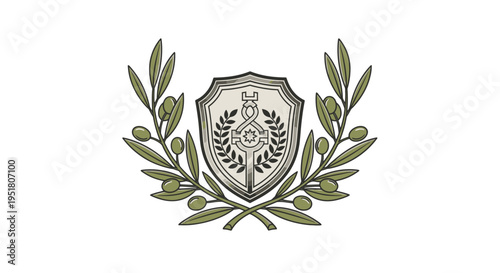A detailed illustration of a heraldic crest featuring a central shield with an intricate symbol, surrounded by elegant olive branches forming a wreath.