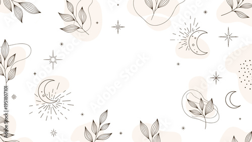 Serene boho-style background featuring abstract shapes, outline leaves, celestial moons, and stars, creating a mystical and minimalist design.