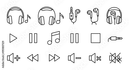 A comprehensive set of line art icons depicting various audio devices, music playback controls, and volume adjustments.
