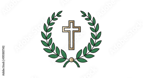 Golden cross centered within a green laurel wreath on a white background, symbolizing victory, faith, and peace.