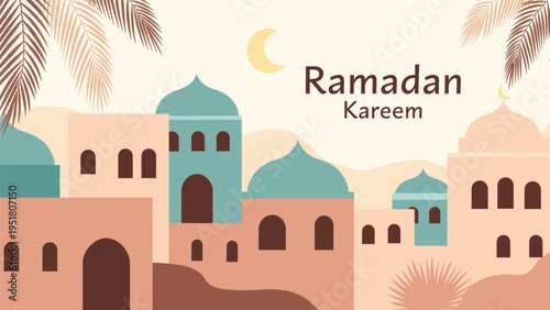 Ramadan Kareem greeting card displays a beautiful desert city skyline with mosques and domes under a crescent moon in soft, warm earth tones.