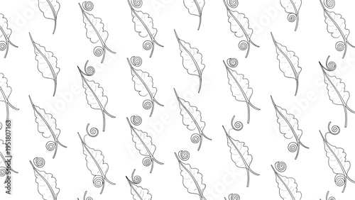 Decorative seamless pattern features a variety of stylized leaf and feather motifs with swirling details in a classic black and white design.