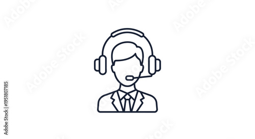 Line art icon of a male customer service representative wearing a headset with a microphone, symbolizing support and communication.