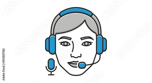 Illustration of a person wearing a blue headset with a microphone, speaking, representing customer service or communication.