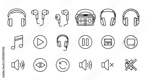 A comprehensive set of line art icons for audio, music, and media playback, featuring headphones, earbuds, volume controls, and player buttons.