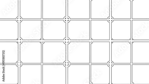 Minimalist geometric pattern features a clean black grid of squares with small circular accents at each intersection on a white background.