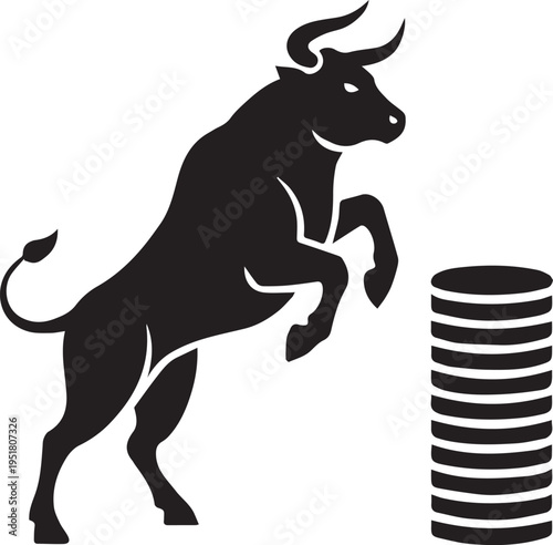 Capitalism Soaring Bull Market and Stack of Coins Silhouettes