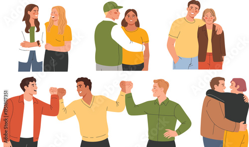 "Cartoon pairs of people showing friendship gestures like hugging, hand-holding, fist bumps, and support, symbolizing bonding, affection, and connection"