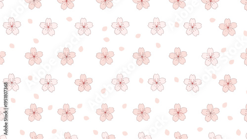 Delicate seamless pattern adorned with soft pink cherry blossoms and scattered petals, capturing the beauty of spring in full bloom.