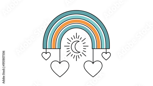 Colorful illustration of a rainbow in blue and orange, adorned with a sun, crescent moon, and dangling heart charms, on white background.