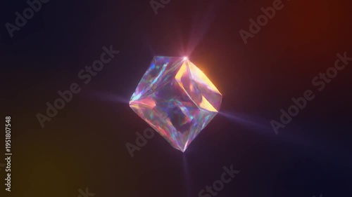 Abstract geometric shape with vibrant colors and light effects on dark background