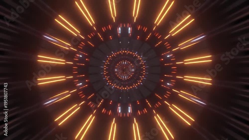 Abstract geometric tunnel with glowing lights in dark environment