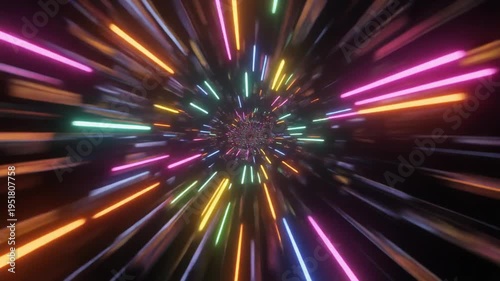 Abstract geometric tunnel of light vibrant lines and digital motion