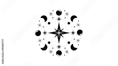 Mystical celestial compass design illustrating moon phases, a central star, and scattered small stars, representing cosmic guidance.
