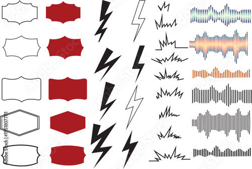 Collection of various shapes and lightning bolt illustrations