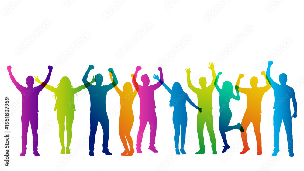 Obraz premium sagome, silhouette, gruppo di persone, felici, gioia, felicità, persone, gente felice, buon umore