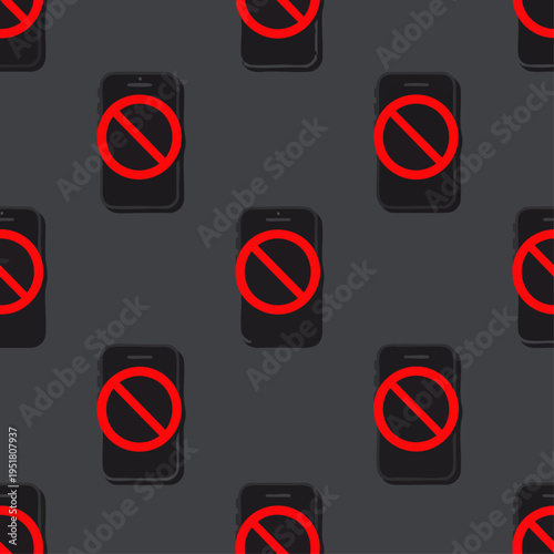 Seamless pattern of black smartphones with red prohibition signs, symbolizing digital detox, no phones allowed, screen time limits, and technology restrictions.