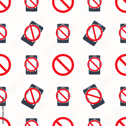Seamless vector pattern featuring mobile phones with a prohibition sign, symbolizing digital detox, no phone zones, and technology restrictions.
