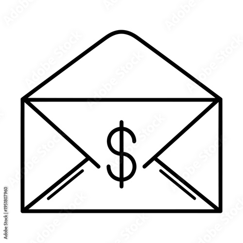 Open envelope with dollar sign inside symbolizing payment or financial transaction on white background