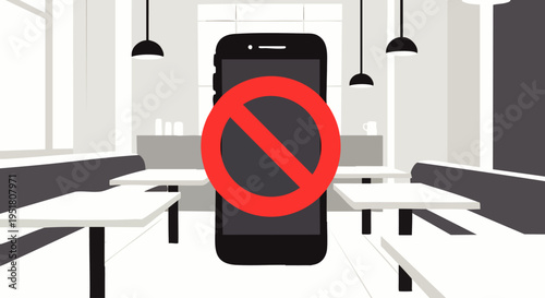 Smartphone with a red forbidden sign in a restaurant, illustrating a no phone policy for a digital detox and quiet dining experience in public spaces.